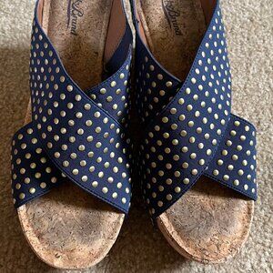 Lucky Brand Cork Wedge Studded Elastic Sandals ~ Navy Blue